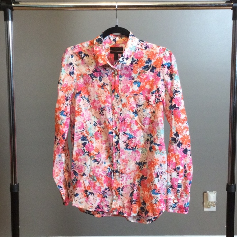 S J. Crew Boy Floral Button-Up Blouse in Pink, Orange & Blue